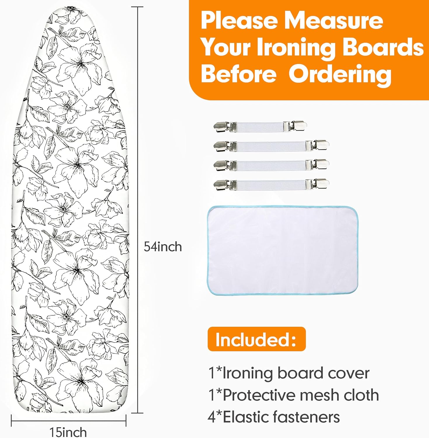 Skiennix Ironing Board Cover - Thick, Scorch & Stain Resistant Pad | 15x54 Floral White Design