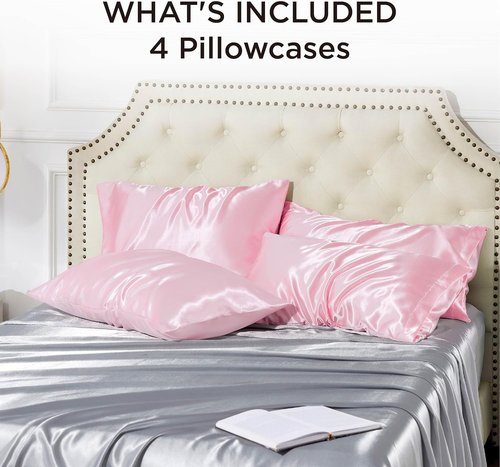 Bedsure Satin Pillowcase Set of 4 - Pink Silky Pillow Covers for Hair & Skin | 20x26 Inches with Envelope Closure