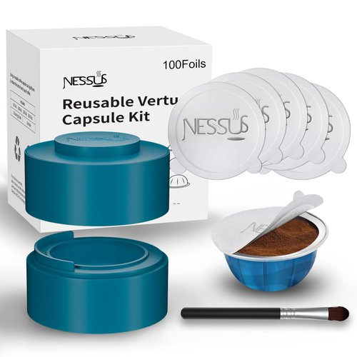 Nessus Reusable Vertuo Capsule Kit, [ALSeal EZ FIT] for Refillable Pods with 100 Pcs Aluminum Foil Seal Lids, Holder, Brush, for Refilling Vertuo Pods Reusable Vertuoline Pod(Blue)