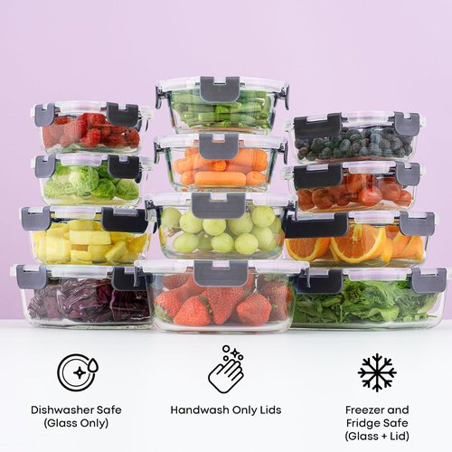 JoyJolt 24pc Borosilicate Glass Storage Containers - Airtight & Freezer Safe Meal Prep Set | Kitchen & Pantry Organization