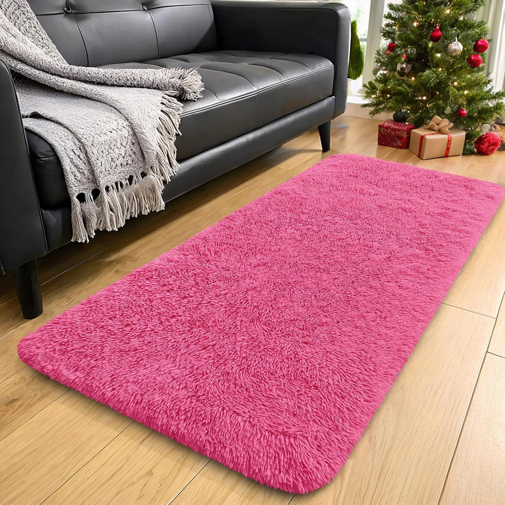 OLANLY Machine Washable 2x4 Runner Rug - Soft Fluffy Shaggy Carpet for Bedroom & Hallway | Hot Pink