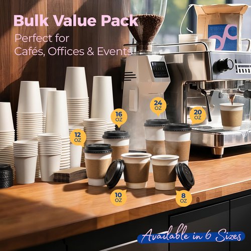 Fit Meal Prep 24 oz 50 Pack To Go Coffee Cups with Lids and Sleeves, Disposable Paper Coffee Cups with Lids for Hot/Cold Beverage