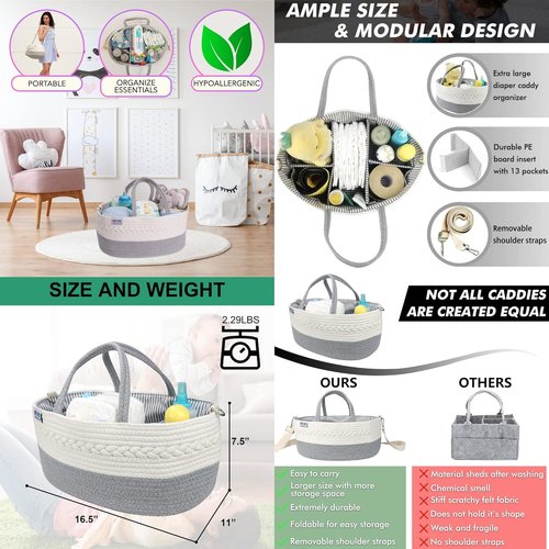 Extra Large Baby Diaper Caddy Organizer - Portable Rope Nursery Basket for Diapers & Wipes