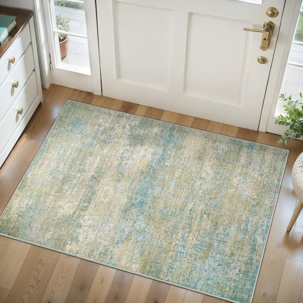 Tangsoo Washable 2x3 Area Rug - Modern Non-Slip Soft Rug for Entryway, Kitchen, Bathroom | Blue/Beige