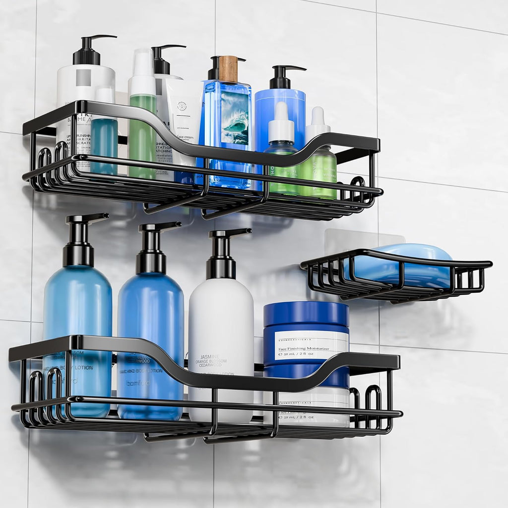 OMAIRA Shower Caddy - 3-Pack Rustproof Organizer with Soap Holder for Smooth Walls & Glass Tile, Black