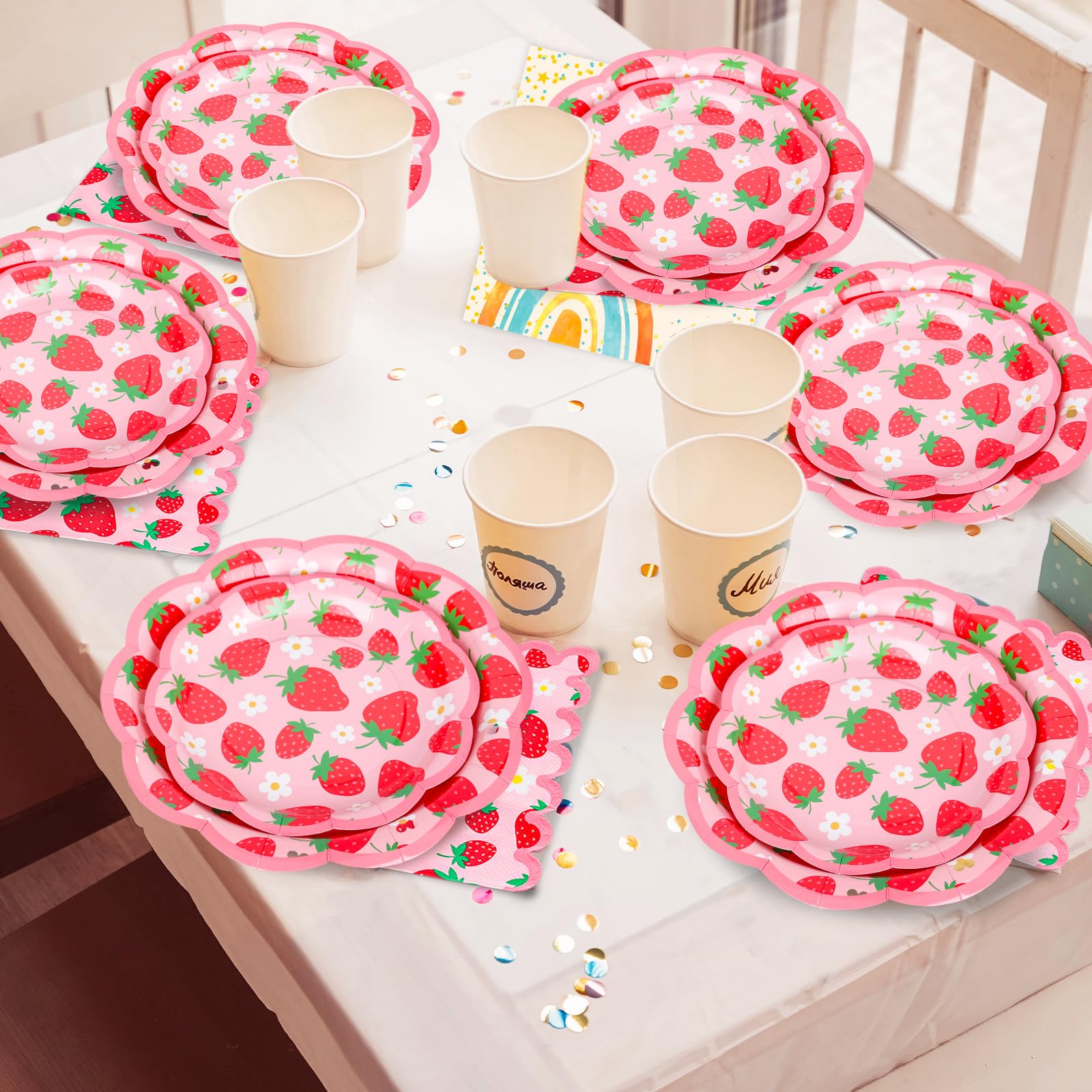 Whaline 50 Pcs Strawberry Scalloped Paper Napkins Pink Red Strawberry Flower Disposable Napkins Summer Fruit Luncheon Dinner Napkin for Birthday Party Table Supplies
