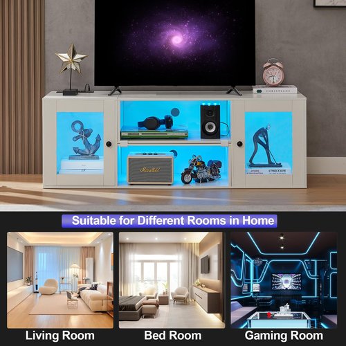 VECELO Deformable LED TV Stand with Power Outlets for 55/60/65/70 Inch Televisions, Gaming Entertainment Center with Cabinet for Living Room Bedroom, 4 AC Outlets & 2 USB-A Ports