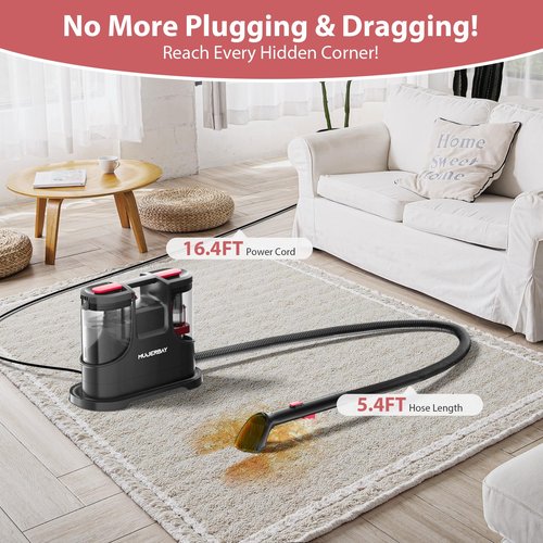 Upholstery Carpet Cleaner, MUJERBAY 15Kpa Portable Spot and Stain Cleaner Shampooer, Easy Move with Handle, 1.5-inch Deep Cleaning Machine for Couch, Stairs, Car and Pet Messes.