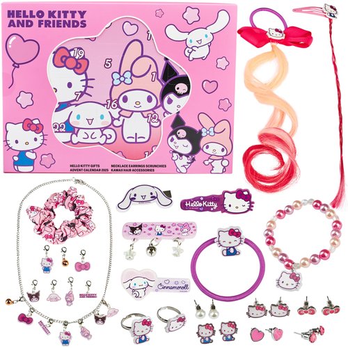 Get Trend Hello Kitty Sanrio Girls Hair Accessories Advent Calendar 2025 Hair Ties Clips Earrings Scrunchies Necklace Kawaii Xmas Countdown Gifts (Pink Hello Kitty)