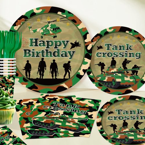 198pcs Army Birthday Party Decorations Include Camo Plates and Napkins Set, Banner, Hanging, Tablecloth, Balloon, Cupcake Topper, for Camouflage Hunting Military Theme Birthday Party, Serve 25