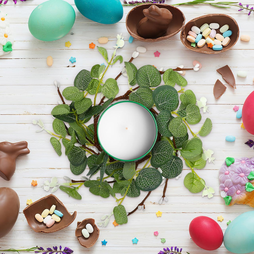 Zerodeko Easter Candle Ring Set - Eucalyptus Leaves Wreath Pillar Holders | 8cm Table Decor