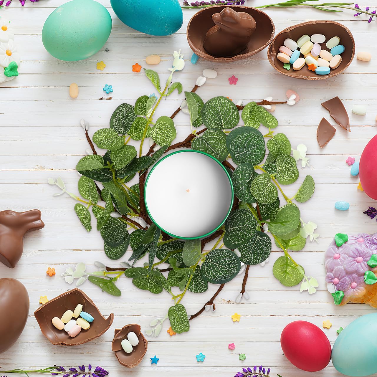 Zerodeko Easter Candle Ring Set - Eucalyptus Leaves Wreath Pillar Holders | 8cm Table Decor