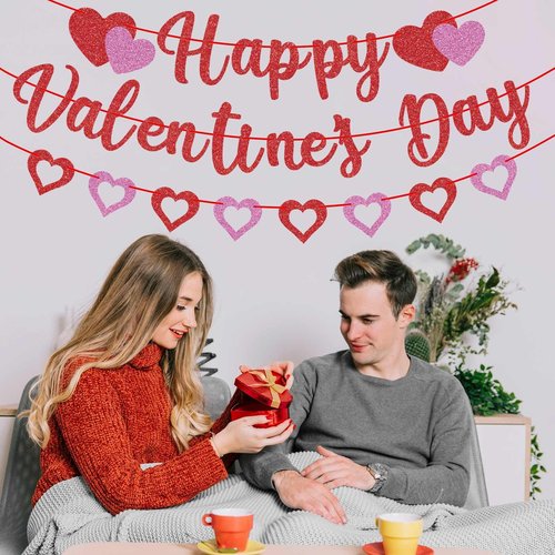 GULWAT Glitter Happy Valentines Day Banner, Glitter Red Pink Hanging Paper Heart Banner for Valentines Party Decorations Home School Classroom Office Hanging Wedding Anniversary Party Decor