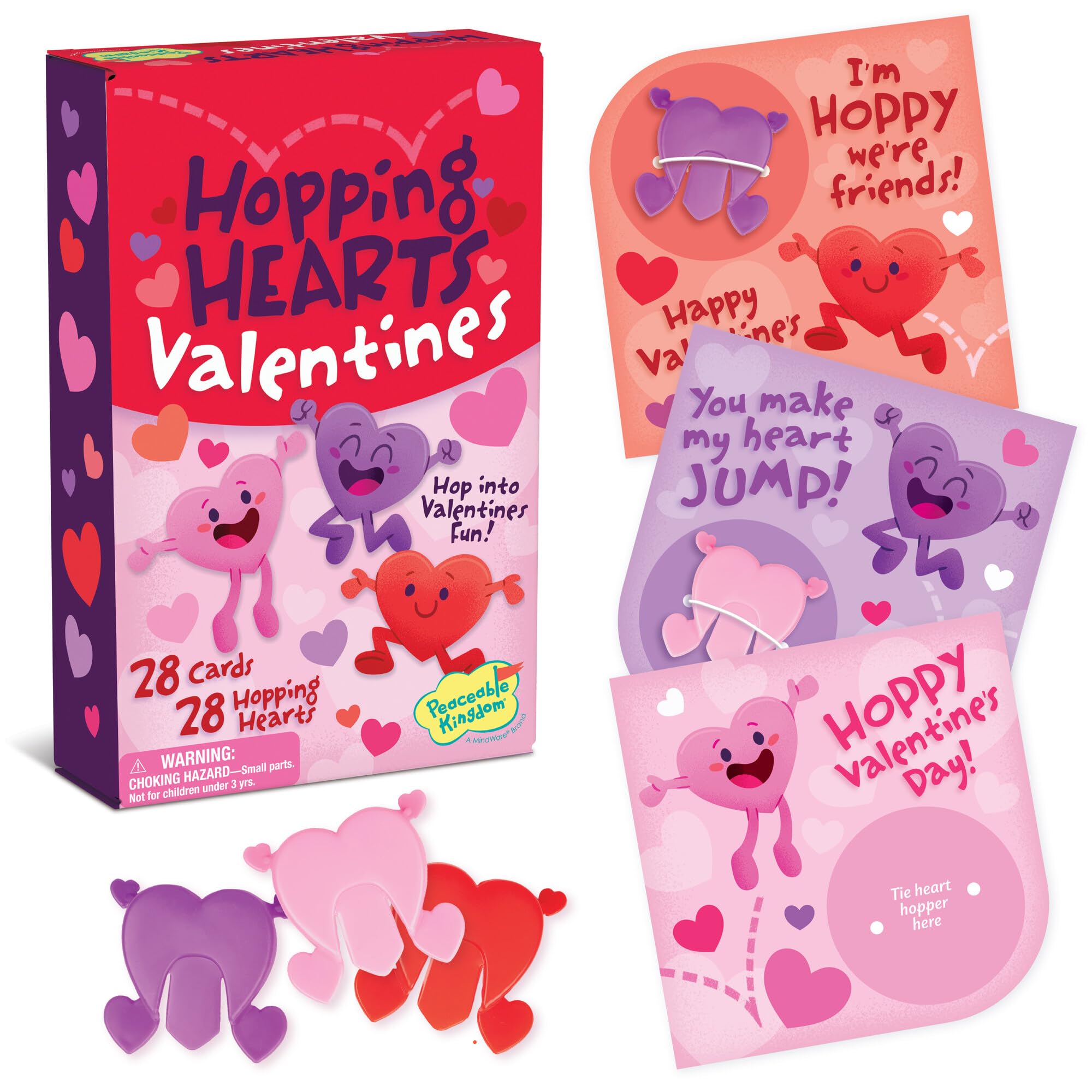 Peaceable Kingdom Valentine's Day Gift for Kids, Fun Party Favors for Classroom, Goodie Bag Stuffers - 28 Hopping Hearts Valentines