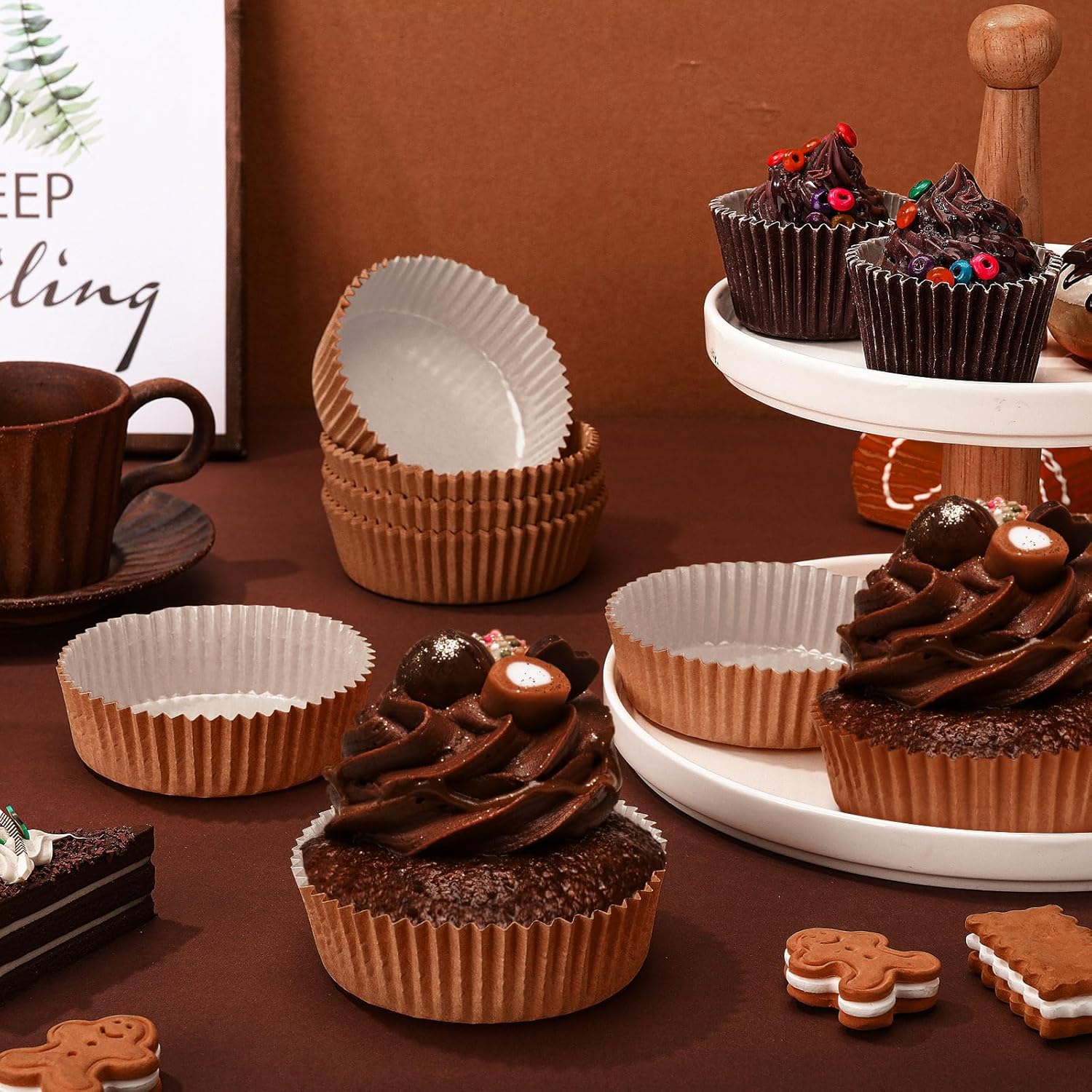 Uiifan Disposable Round Cupcake Liners - Microwave Safe Baking Cups for Snacks & Cakes | 50 Pack, Natural