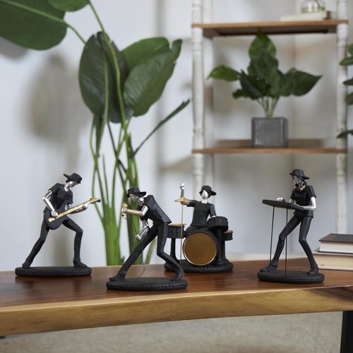 Deco 79 Polystone Musician Decorative Sculpture Rock Band Home Decor Statues with Gold and Silver Accents, Set of 4 Accent Figurines 8", 8", 9", 10"H, Black