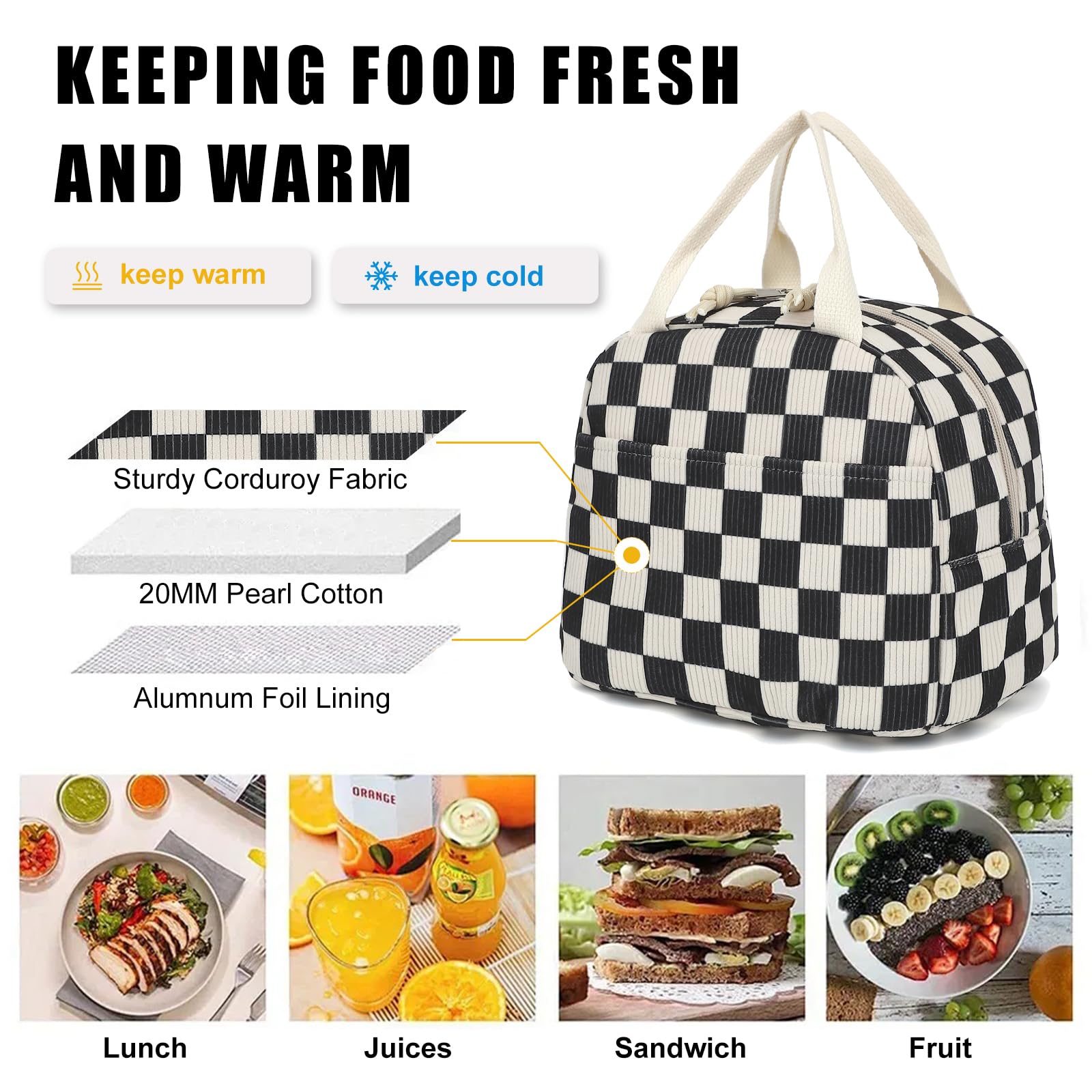 Dezcrab Corduroy Lunch Box for Women Girls, Cooler Lunch Bags Reusable Insulated Lunchbox for Picnic School Work Travel (Checkered Black)