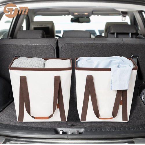 STORAGE MANIAC Collapsible Laundry Caddy, 128L (34 Gal) Large Collapsible Laundry Basket with Sturdy Metal Wire Frame, Long Carry Handles - Space-Saving, Foldable Laundry hamper, 2 Pack Beige