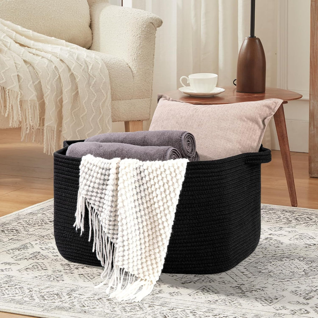 OIASKET Large Black Blanket Basket - Stylish Woven Storage for Toys, Towels & Laundry