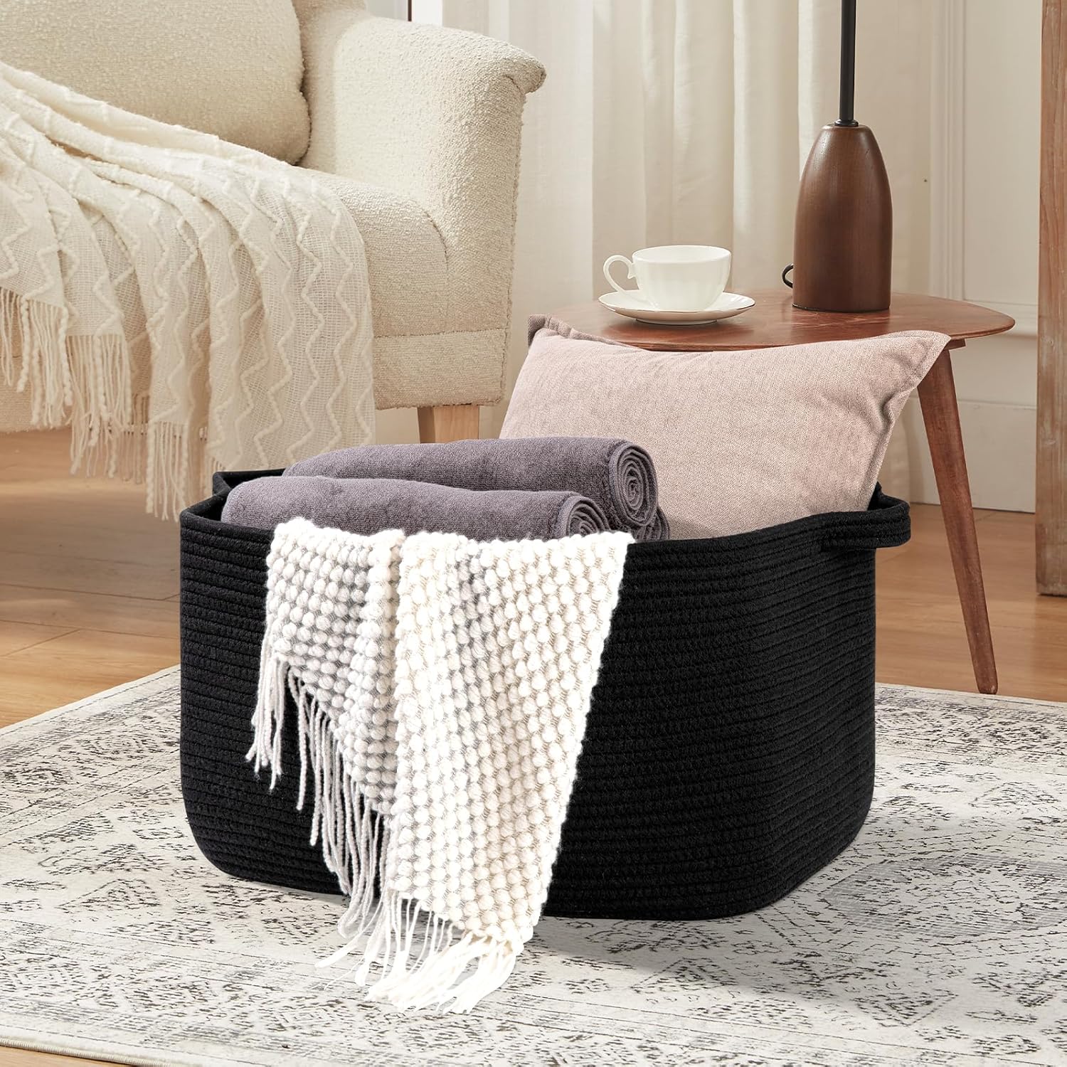 OIASKET Large Black Blanket Basket - Stylish Woven Storage for Toys, Towels & Laundry