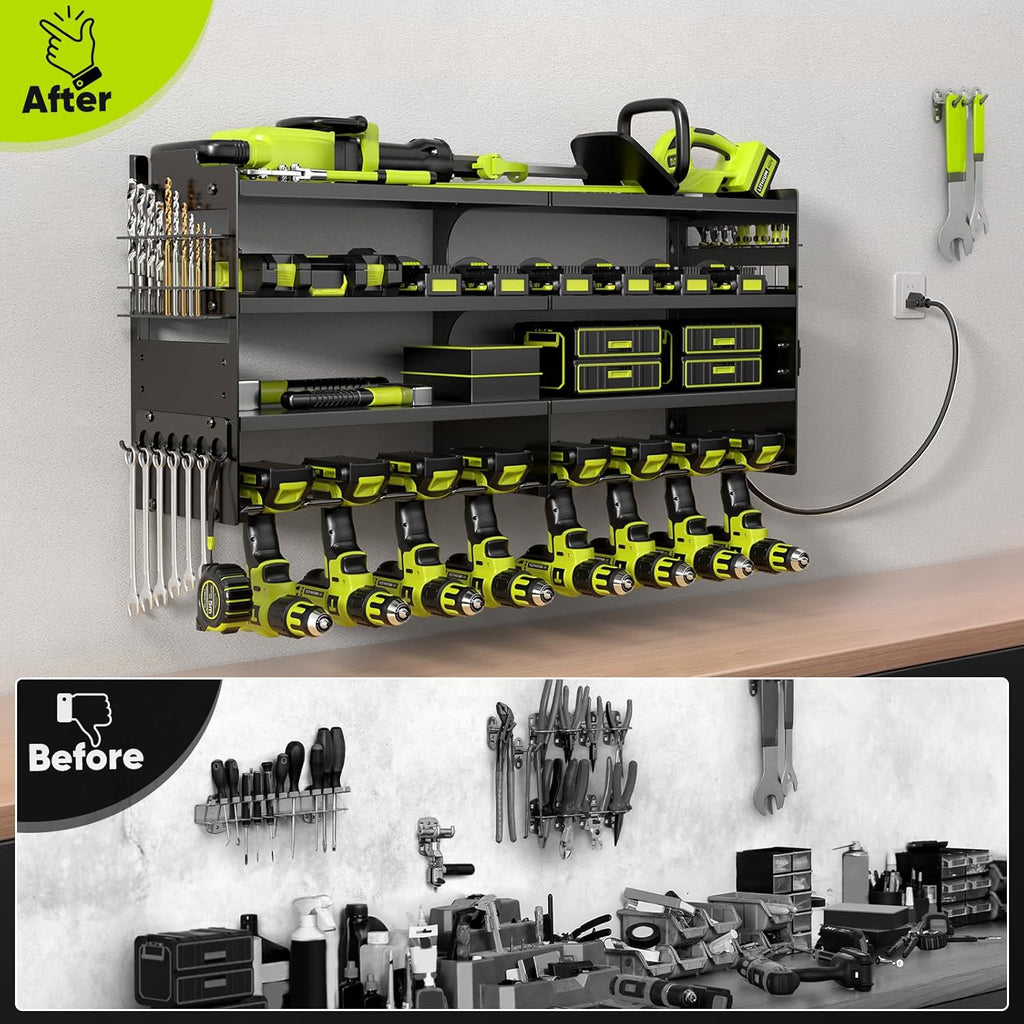 POKIPO Large Power Tool Organizer - Heavy Duty Wall Mount Storage Rack with Charging Station | Holds 600lbs