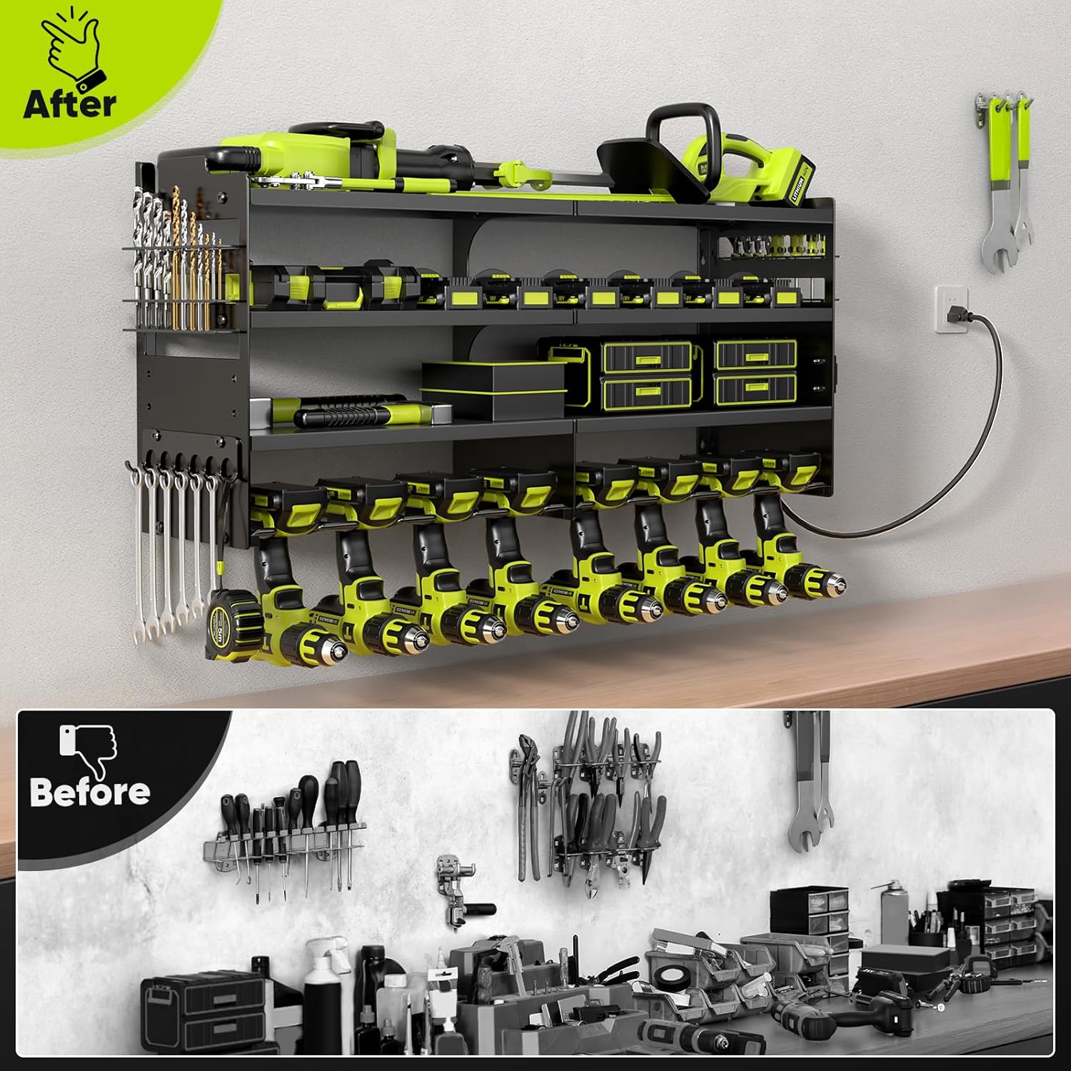 POKIPO Large Power Tool Organizer - Heavy Duty Wall Mount Storage Rack with Charging Station | Holds 600lbs