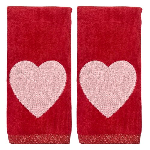 Serafina Home Valentine Bathroom Fingertip Towels - Set of 2 Red, 100% Cotton, Embroidered Stitched Pink Heart Design, 12" x 18" Inches, Decorative Bath Kitchen Hand Towels