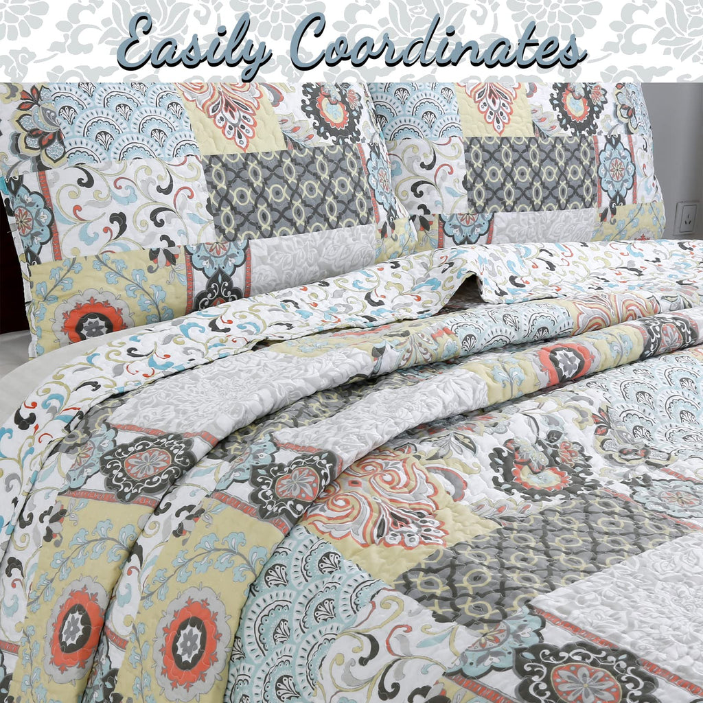 Cozy Line Home Fashions Moorea Floral Gray Yellow Coral Aqua Blue Patchwork Microfiber Reversible Bedding Quilt Set, Coverlet, Bedspread (Fleur-de-lis, King - 3 Piece)