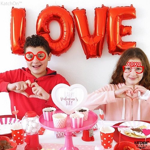 KatchOn, Red Heart Glasses - Pack of 12 | Valentines Glasses for Valentines Day Decorations | Valentines Photo Props for Valentines Decor | 6 Designs Heart Shaped Glasses | Galentines Day Decorations