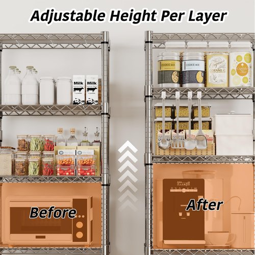 Metal Storage Shelves 5 Tier with Wheels, 1100 LBS Adjustable Wire Shelving Rack Shelves Units with Side Handle for Hanging, Rolling Shelf Organizer for Kitchen Garage, 11.8" W x 23.6" D x 61"H,Silver