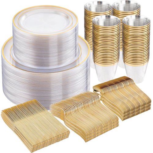 WELLIFE 600pc Gold Trim Plastic Dinnerware Set for Party: 100 Dinner Plates, 100 Dessert Plates, 300 Cutlery, 100 cups