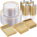 WELLIFE 600pc Gold Trim Plastic Dinnerware Set for Party: 100 Dinner Plates, 100 Dessert Plates, 300 Cutlery, 100 cups