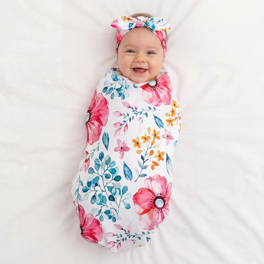 Moukeren 4 Sets Newborn Receiving Blanket Headband Set Baby Flower Swaddle Infant Sleepsack Nursery Blankets for Warm Shower Gifts, 4 Design