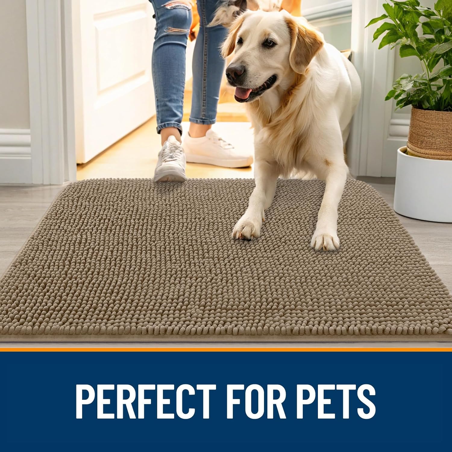 OLANLY Dog Door Mat - Absorbent Non-Slip Chenille Mat for Muddy Paws | 59x32 Tan Indoor Entryway Carpet