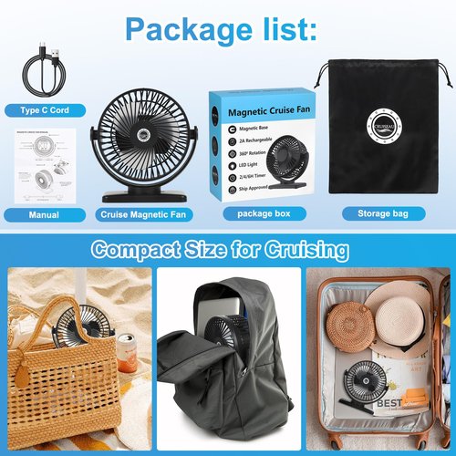 6 Inch Magnetic Cruise Fan – 12000mAh Rechargeable Portable Fan with Strong Magnet Base, LED Light, 360° Rotation Head, Timer&Power Output, Perfect Cruise Essentials for All Major Cruises