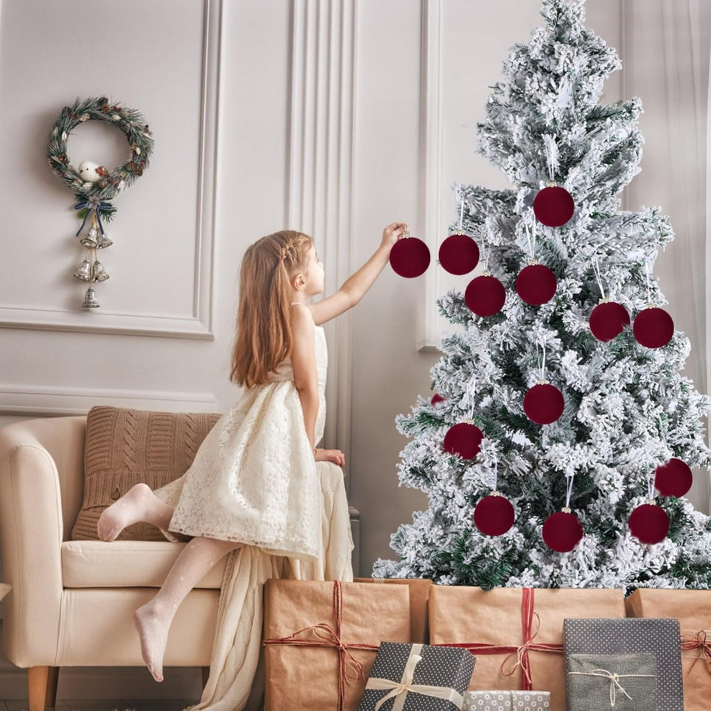 Skiennix 12PCS Velvet Christmas Tree Ornaments - 2.4-Inch Shatterproof Burgundy Balls for Holiday Decor