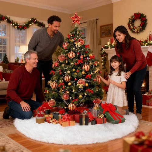 48 Inch Christmas Tree Skirt Large White Faux Fur Plush Xmas Tree Skirts Mat for Merry Christmas Party Holiday Luxury Christmas Decorations Indoor Xmas Home Decor
