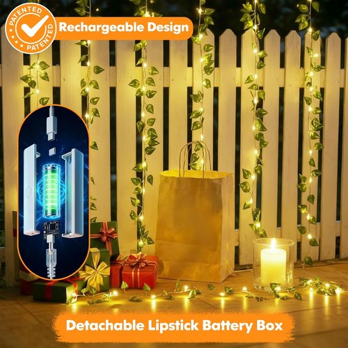 Lakumu Fairy Lights - 33ft 100 LED Pothos String Lights with Timer | Battery Operated & Rechargeable, Warm White