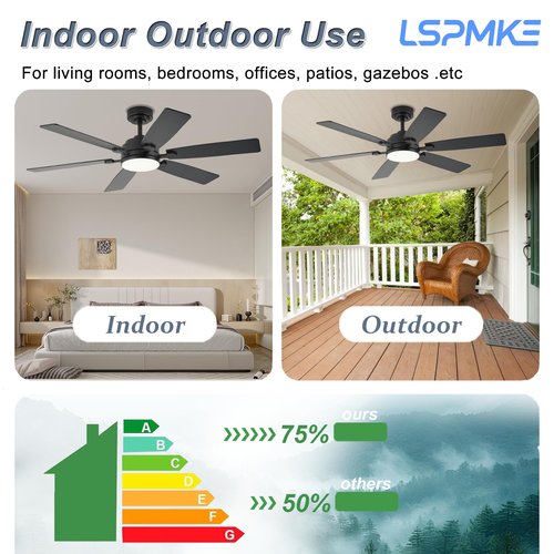 lspmke Ceiling Fan with Light and Remote, 52 Inch Ceiling Fans with Lights, Downrod Mount, Reversible DC Motor, 3CCT, Dimmable, Quiet, Black Ceiling Fan for Bedroom, Livingroom Indoor/Outdoor Use