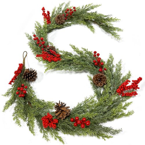6 Ft Christmas Garland - Real Touch Cedar Garland with Red Berry Clusters Pinecones by 90 Cedar Branches, Realistic Greenery Faux,Christmas Garlands for Mantle Fireplace Table Centerpiece Decor
