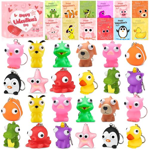 vewicokop Valentine's Day Cards for Kids School with Pop-Eye Animal Keychains,24 Pack Squeezy Fidget Toys with Pop Out Eyes for Classroom Exchange Prizes, Party Favors,Kids Valentine Gifts Set