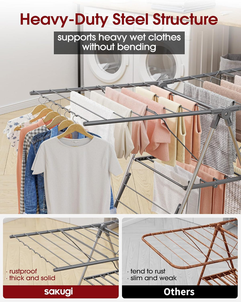 Sakugi Clothes Drying Rack - Foldable 2-Level Design with Height-Adjustable Wings | Space-Saving Indoor & Outdoor Use, Gray, 55.5" L × 22.8" W