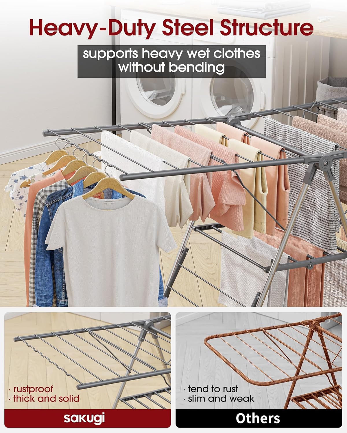 Sakugi Clothes Drying Rack - Foldable 2-Level Design with Height-Adjustable Wings | Space-Saving Indoor & Outdoor Use, Gray, 55.5" L × 22.8" W