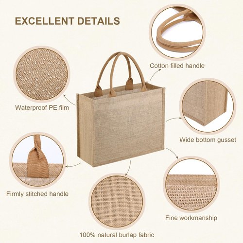 butarfe 10 Pack Reusable Jute Tote Bags with Handles, 15.1X11.8X5.5 Inch Large Natural Blank Burlap Tote for Grocery Shopping, Weddings, Travel, Bachelorette Parties & DIY Embroidery Crafts