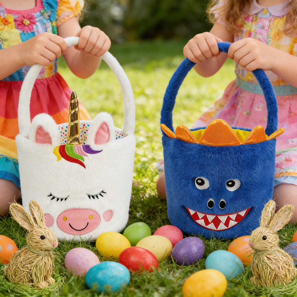 DearSun 2 Pcs Halloween Basket Plush Trick or Treat Bag, Halloween Candy Bucket for Kids Gifts Party Decoration Supplies, Dia 8" * H 15.7" (Unicorn&Dinosaur)