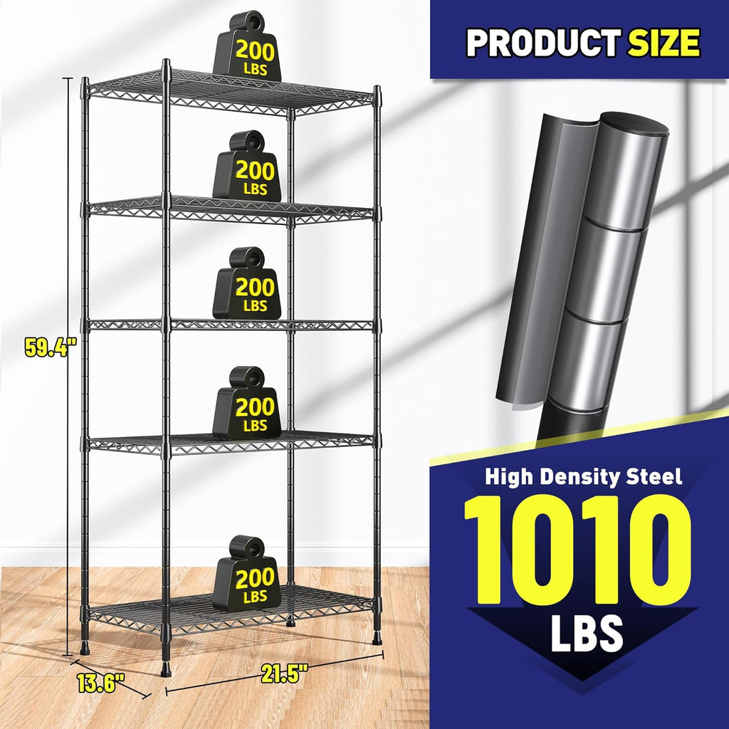 Romorgniz 5-Tier Metal Shelving Unit - Adjustable Wire Storage Rack for Kitchen, Pantry & Closet | 59.4" H x 21.5" W x 13.6" D