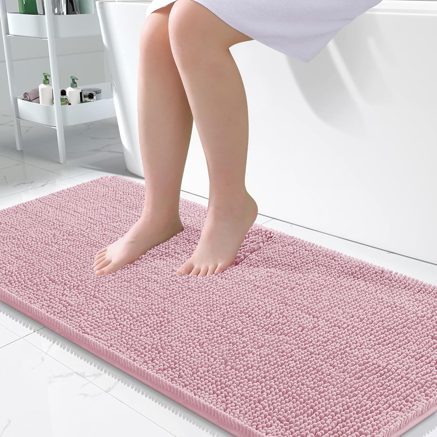 OLANLY Bathroom Runner Rugs - Soft Chenille Bath Mats with Rubber Backing | Quick Dry, Machine Washable, 47x24, Dusty Rose