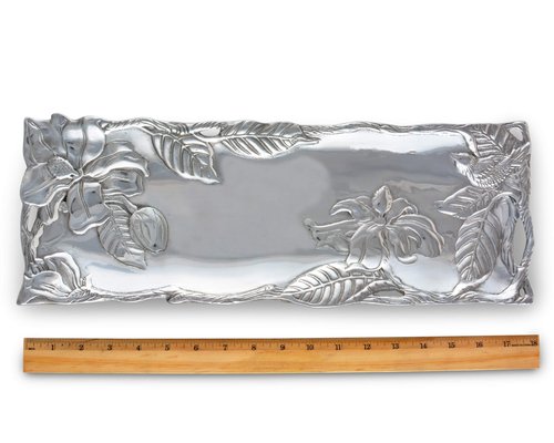 Arthur Court Designs Aluminum Magnolia Flower Metal Oblong Tray/Platter, 19 x 6 inches - Handcrafted Magnolia Blossoms and Twisting Branches, Freezer & Oven Safe, Engravable, Ideal for Wedding