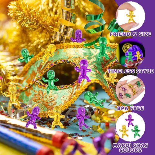 jojnawa 48 PCS King Cake Babies 1 Inch – Mardi Gras Baby for King Cake, Tiny Babies for Baby Shower Favors & Mardi Gras Party Decorations, Purple Green Gold, 48 Pack