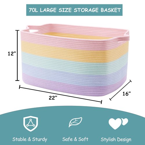 MOJOSCEND Extra Large Storage Basket for Girls Kids 22"x16"x12" Rainbow Toy Box for Girls Blanket Basket for Living Room Woven Storage Box for Cloth -70L